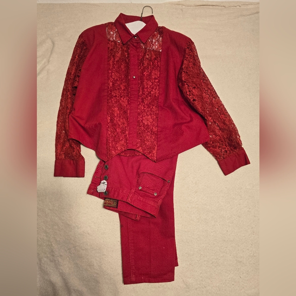 Red Lace Button-Up Shirt and Pants Set BONJOUR JEANS 13/14 BANJO LACE SHIRT 1X
